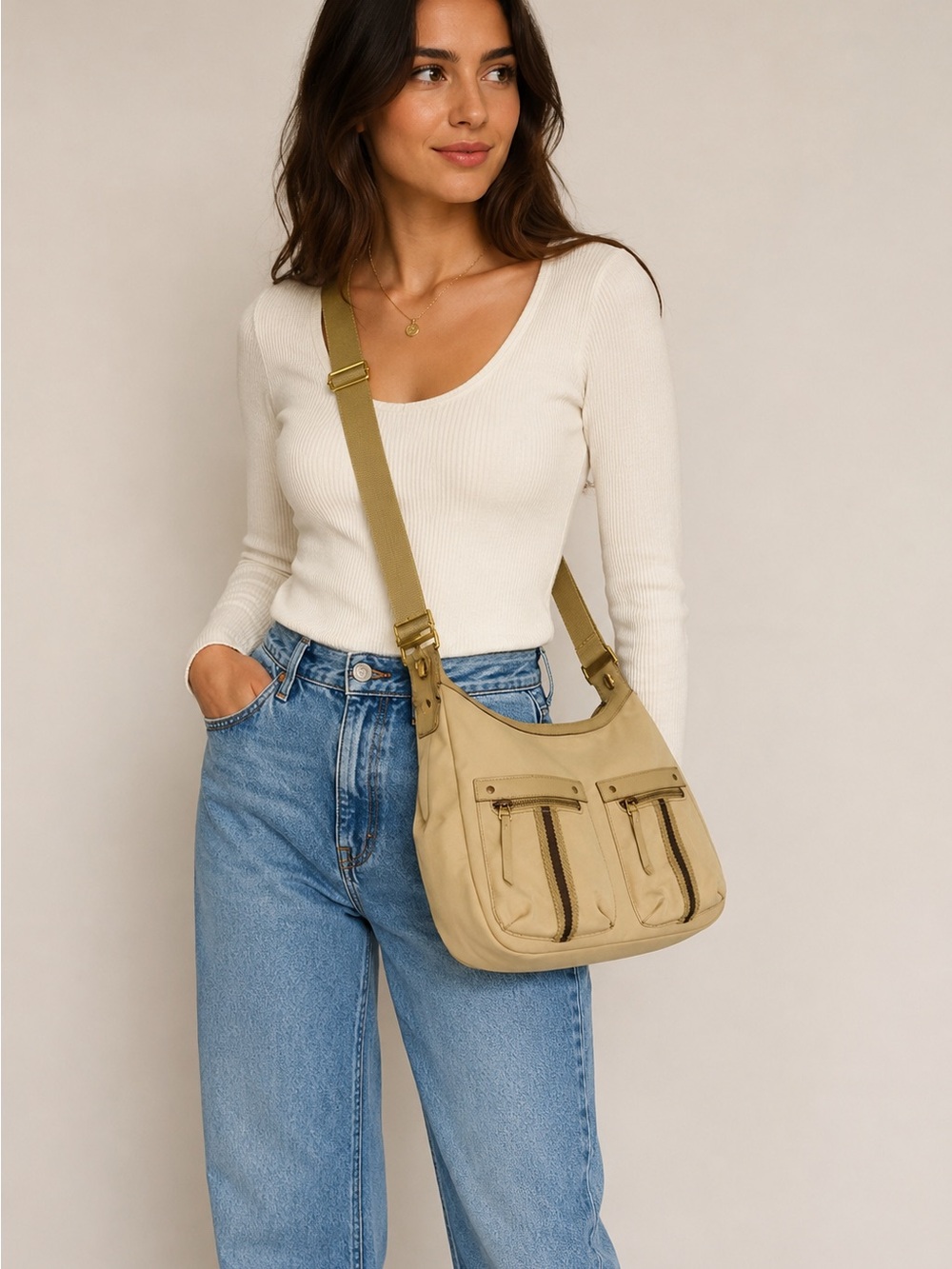 Gucci Sherry Line Beige Canvas Crossbody / Shoulder Hobo Bag Adjustable Strap